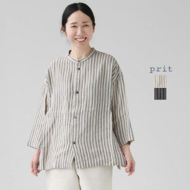 PRIT(プリット)強撚リネンストライプ スタンドカラー オーバー